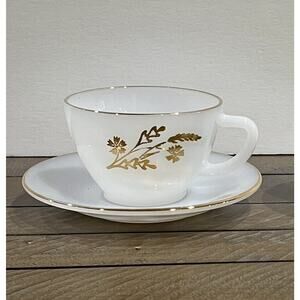 Federal Glass Co China Milk Glass tea cup and saucer Meadow Gold Flowers Wheat